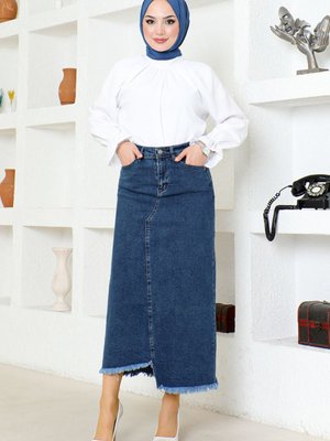 Püsküllü Kot Etek Koyu Lacivert