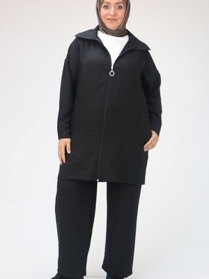 Siyah Büyük Beden Erkek Yaka Fermuar Detaylı Keten Airobin Pantolonlu Takım Siyah Büyük Beden Erkek Yaka Fermuar Detaylı Keten Airobin Pantolonlu Takım