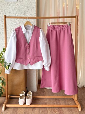 Pembe Keten Yelek Etek & Beyaz Klasik Yaka Crop Gömlek Takım