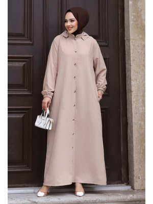 Bej Büyük Beden Çıkarılabilir Kapüşonlu Boydan Düğmeli Ferace