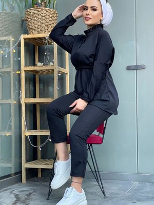 Düğme Detay Bel Büzgülü İkili Takım Siyah Düğme Detay Bel Büzgülü İkili Takım Siyah