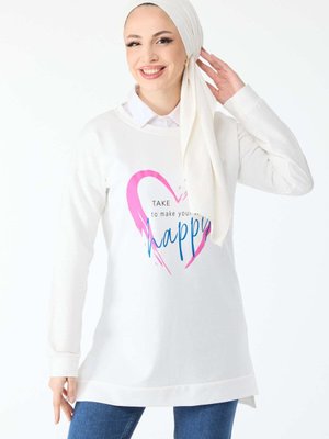 Düz Bisiklet Yaka Beyaz Baskılı Uzun Kollu Sweatshirt Düz Bisiklet Yaka Beyaz Baskılı Uzun Kollu Sweatshirt