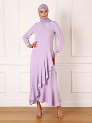 Lila Aerobin Kuşaklı Volan Detaylı Şık Elbise