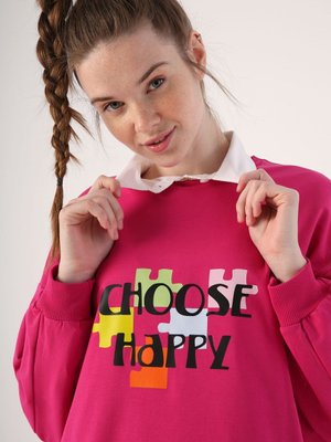 Fuşya Oversize Bisiklet Yaka Baskılı Sweatshirt