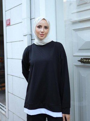 Eteği Garnili Sweat Siyah