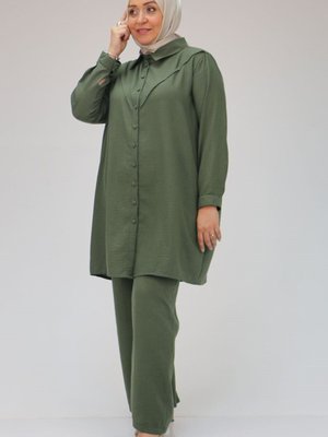 Haki Büyük Beden Erkek Yaka Keten Airobin Pantolonlu Takım