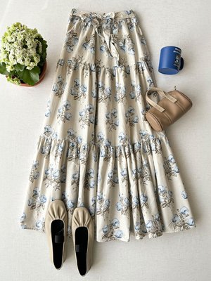 Mavi Gül Desen Kat Kat Etek