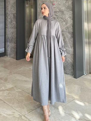 Düşük Kol Bağlamalı Keten Elbise Düşük Kol Bağlamalı Keten Elbise