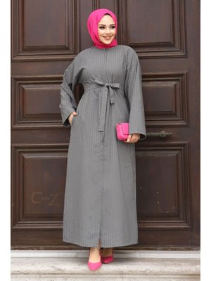 Gri Gizli Fermuarlı Çizgili Kuşaklı Ferace