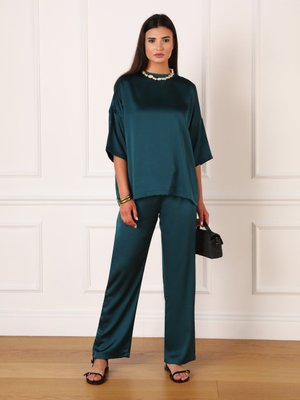 Petrol Yaka Detaylı Saten Tunik