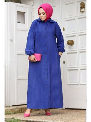 Saks Mavisi Büyük Beden Çıkarılabilir Kapüşonlu Boydan Düğmeli Ferace