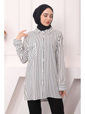 Beyaz Çizgili Tek Cepli Gömlek