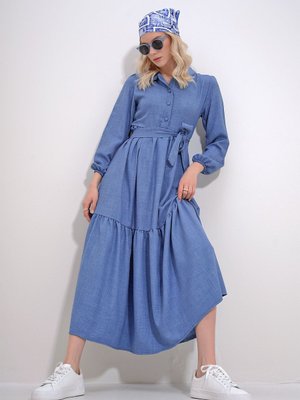 Havacı Mavi Önü Düğmeli Eteği Volanlı Flamlı Keten Maxiboy Elbise Alc