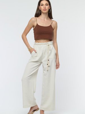 Ekru Keten Yazlık Bol Paça İpli Pantolon Ekru Keten Yazlık Bol Paça İpli Pantolon