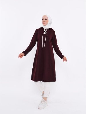 Eflin Yakadan Bağlamalı Kapüşonlu Uzun Sweatshirt Mürdüm