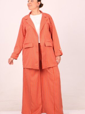 Kiremit Büyük Beden Çizgili Blazer Ceket Pantolonlu Takım