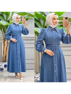 Helly Kuşaklı Taş Detaylı Önü Düğmeli Kot Elbise