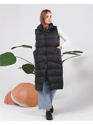 Çıtçıtlı Kolsuz Uzun Şişme Yelek Siyah