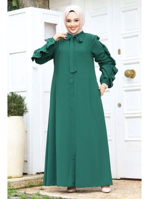 Yeşil Kolu Fırfırlı Yakası Bağlama Detaylı Ferace Yeşil Kolu Fırfırlı Yakası Bağlama Detaylı Ferace