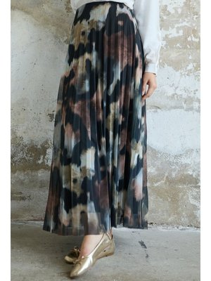 Kahverengi Batik Desen Astarlı Tül Etek