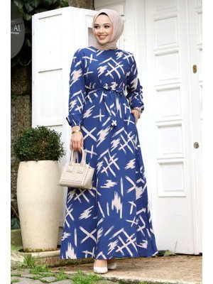 İndigo Fırça Desenli Beli Kuşaklı Elbise