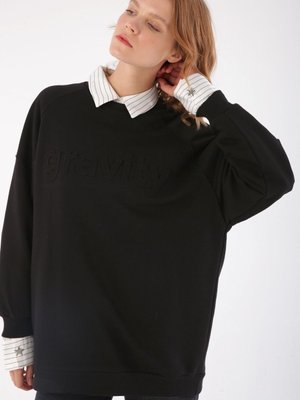 Siyah Kabartma Baskılı Oversize Sweatshirt