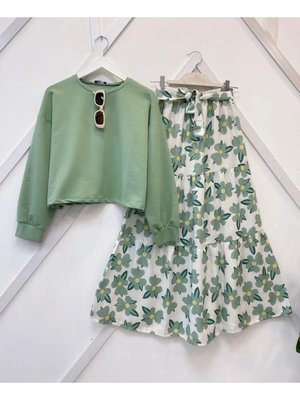 Keten Etekli Çiçek Baskılı İkili Takım