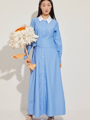 Verev Kapama Çizgili Poplin Elbise Koyu Mavi