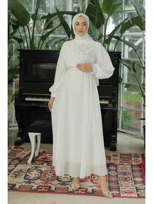 Beyaz Efsun Şifon Abiye Elbise