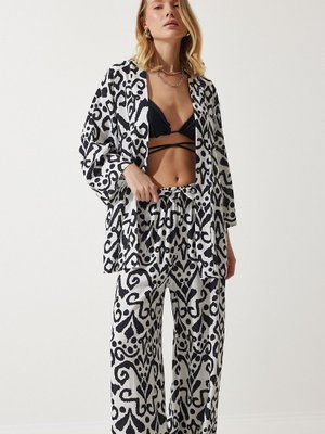 Siyah Beyaz Desenli Kimono Palazzo Pantolon Takım