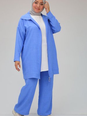 İndigo Büyük Beden Erkek Yaka Fermuar Detaylı Keten Airobin Pantolonlu Takım İndigo Büyük Beden Erkek Yaka Fermuar Detaylı Keten Airobin Pantolonlu Takım