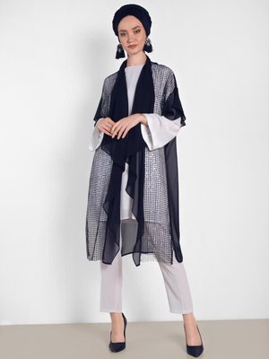 Lacivert Pullu File Detaylı Şifon Yelek