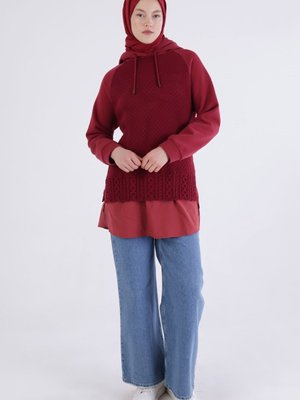 Bordo Triko Garnili Kapüşonlu Sweatshirt