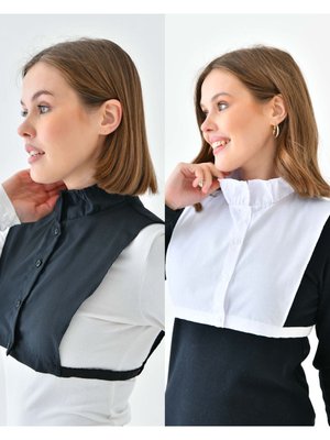 2’li Paket Dalgalı Dik Yakalı Gömlek Yakası Fırfır Detaylı Boyunluk Yaka Siyah Ve Beyaz