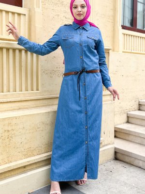 Deri Kemerli Kot Elbise Açık Mavi