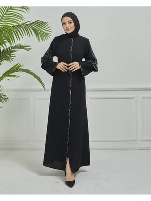 Rüya Taşlı Soft Krep Kumaş Siyah Ferace