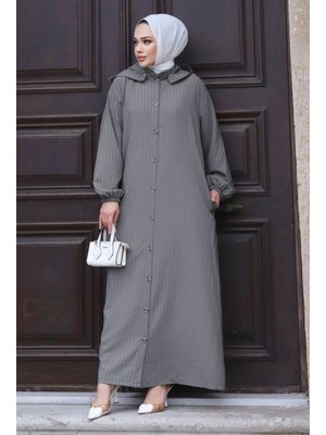 Gri Büyük Beden Çıkarılabilir Kapüşonlu Boydan Düğmeli Ferace
