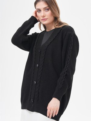 Örgü Detaylı Düğmeli Siyah Hırka