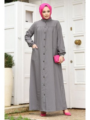 Gri Robalı Boydan Düğmeli Cepli Ferace