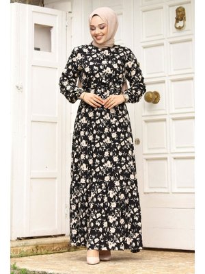 Siyah Çiçek Desenli Beli Kuşaklı Volanlı Elbise
