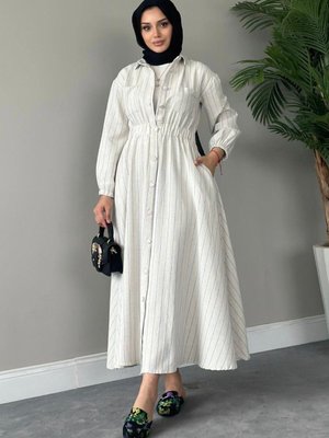 Beylem Çizgili Keten Elbise Siyah Beylem Çizgili Keten Elbise Siyah