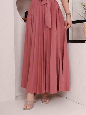 Kuşak Detaylı Piliseli Etek Gülkurusu