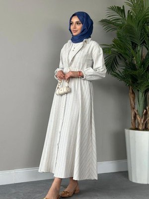 Beylem Çizgili Keten Elbise Mavi Beylem Çizgili Keten Elbise Mavi