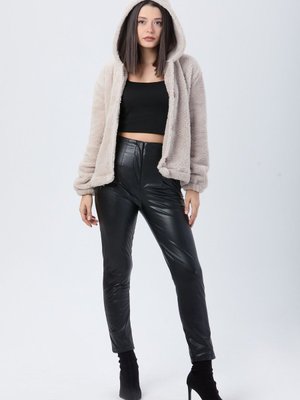 Düz Kapüşonlu Yaka Bej Ceket