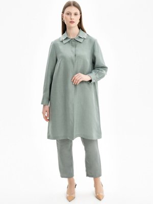 Yakası İşleme Detaylı Keten Tunik