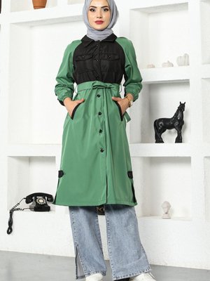 Çift Renkli Trençkot Yeşil
