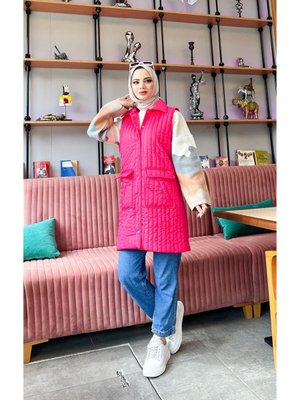 Ahenk Kapitone Cepli Kolsuz Yelek Fuşya
