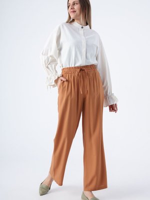 Tarçın Beli Lastikli Cepli Bağcıklı Rahat Viskon Pantolon