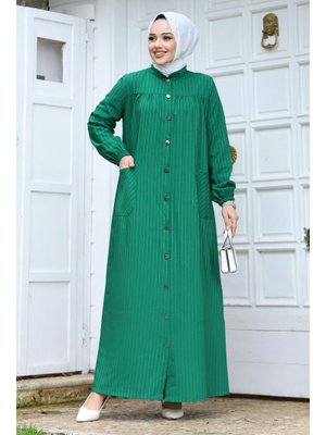 Yeşil Robalı Boydan Düğmeli Cepli Ferace