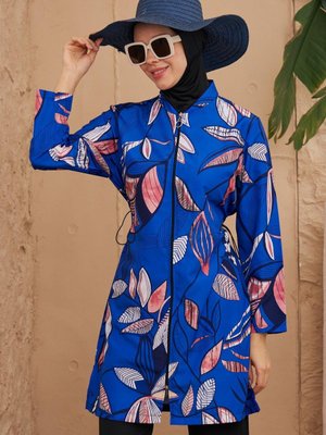 Lacivert Paraşüt Sarmaşık Desen Tam Kapalı Mayo